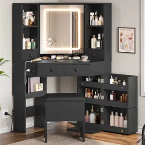 Corner Makeup Vanity Set with Upholstered Storage Stool Black