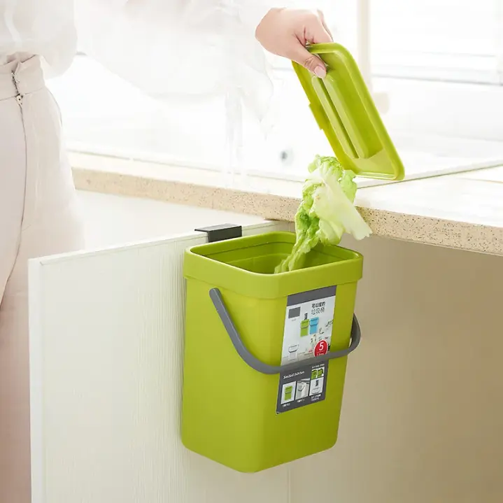 3L Hanging Kitchen Trash Can with Lid - Wall Mounted Compost Bin for Cabinet Door, Under Sink, Bathroom Countertop, Small Space-Saving Waste Basket, Multi-Color Organizer (Green, Blue, Black, White