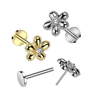 20G/18G/16G Flower Flat Back Earring • Push Pin Labret • Threadless Flat Back Stud • Tragus Piercing • Helix Stud • Cartilage Stud • Gold • Silver • Flower Earring