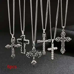 6pcs Men'S Stainless Steel Chain Necklace Set, Vintage Mixed Style Cross Pendant, Rhinestone Inlay, Hip Hop Fashion, Versatile Layering, For Easter, St. Patrick'S Day, Day Of The Dead initialnecklace cross necklace name necklace