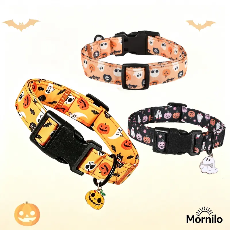 Halloween Dog Collar with Ghost, Pumpkin,Spider Web & Skeleton Print,Adjustable Pet Collar with Quick Release Buckle for Small, Medium & Large Dogs,Cute Puppy Halloween Accessories,Spooky Dog Costume Accessory,Viral Pet Products,Trending Dog Accessories