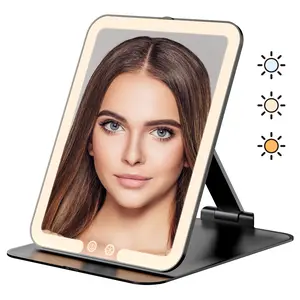 [Ships from the US]Auxmir Rechargeable Foldable Travel Makeup Mirror, 3 Dimmable Color Temperature Lights with Touch Control, Adjustable Height & Angle, Ideal Gift for Birthdays & Holidays