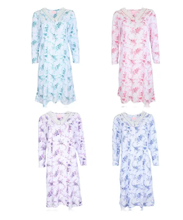 Women's 4-Pack 100% Cotton Long-Sleeve Night Gowns - Lady Homewear, Comfy Look Sleepwear, Soft Lightweight Pajama Dresses for Lounging Loungewear Womenswear