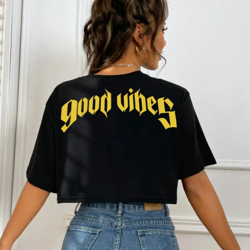 Women's Letter Print Round Neck Crop Tee, Fashion Casual Crew Neck T-shirt for Daily Holiday Vacation Outdoor Wear, Ladies Clothes for Summer, Top, Tshirt, Casual Fashionable Top, Casual Trendy Tee, Casual Comfy Top, Casual T Shirts
