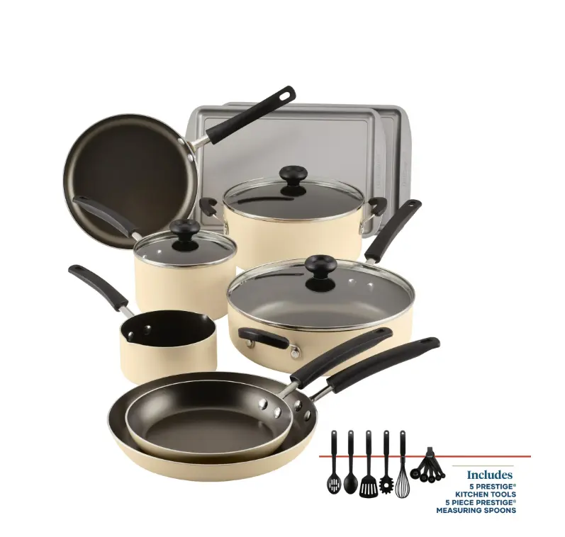 Farberware Easy Clean 22-Piece Nonstick Aluminum Cookware Set in Almond – Durable, Even-Heat Pots & Pans with Stay-Cool Handles and Lids