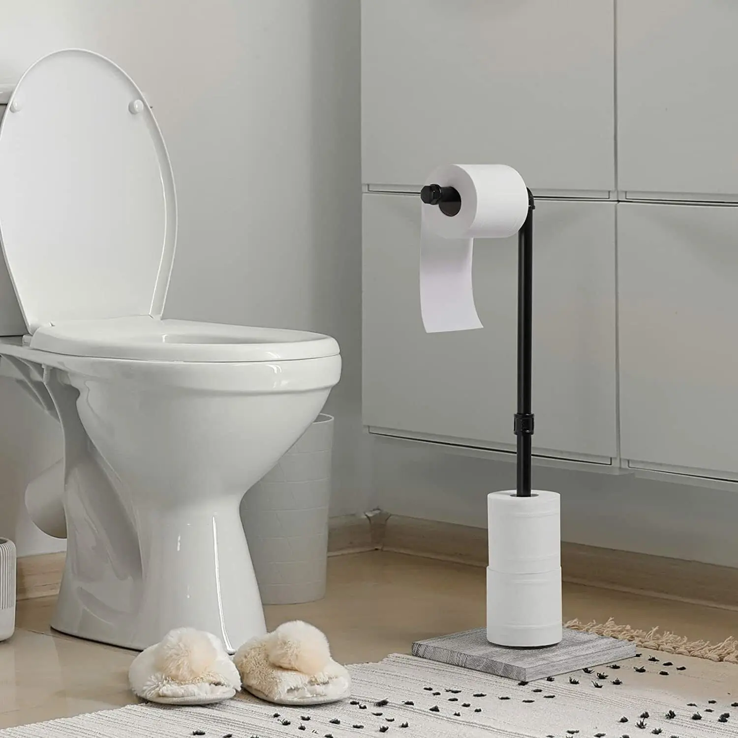 Industrial Freestanding Tissue Paper Dispenser Stand, Toilet Roll Paper Shelf with Large-Capacity Storage, Wooden Base Organizer for Bathroom Cabinet