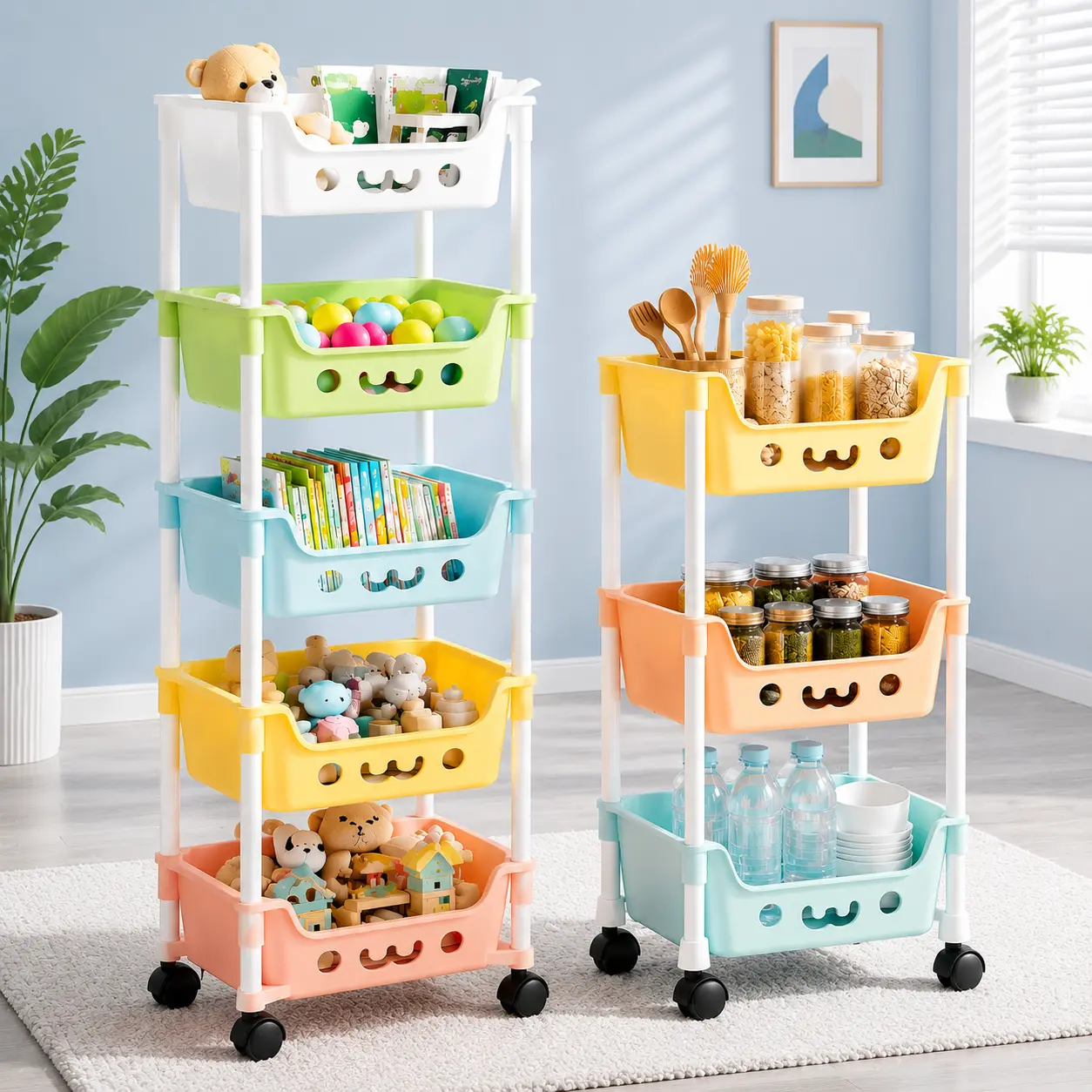 Multi-Layer Plastic Rolling Storage Cart with Wheels - 3-Tier/5-Tier Cute Color Organizer Trolley, Freestanding Mobile Utility Shelving for Kitchen Organization