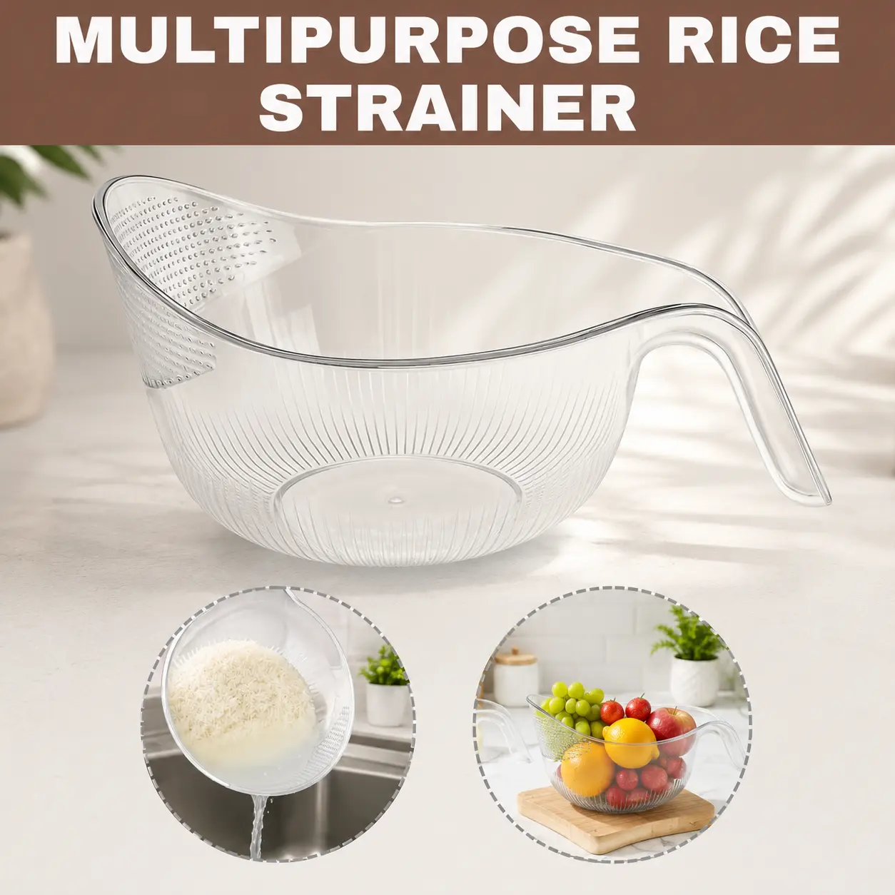 Aesthetic Multifunctional Rice Strainer with Handle - Sturdy BPA-Free Transparent Plastic Kitchen Utensil, Colander for Draining Vegetables, Fruits, Coffee Dispenser Set