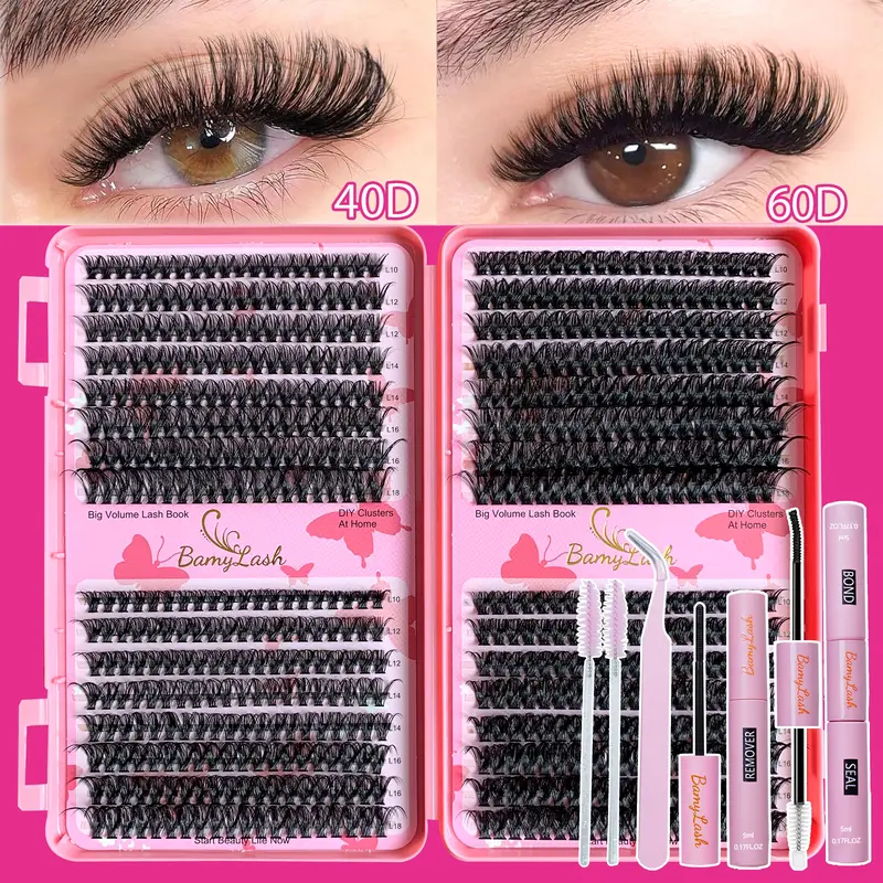 640pcs Eyelash Extension Set, 10-18mm Wide Band False Lashes, Fluffy Lash Clusters, Voluminous false eyelashes, Volumized false eyelashes, DIY Volume Eyelashes, D Curl Cluster DIY Supplies, 40D Individual Eyelashes with Bond & Remover & Tweezers