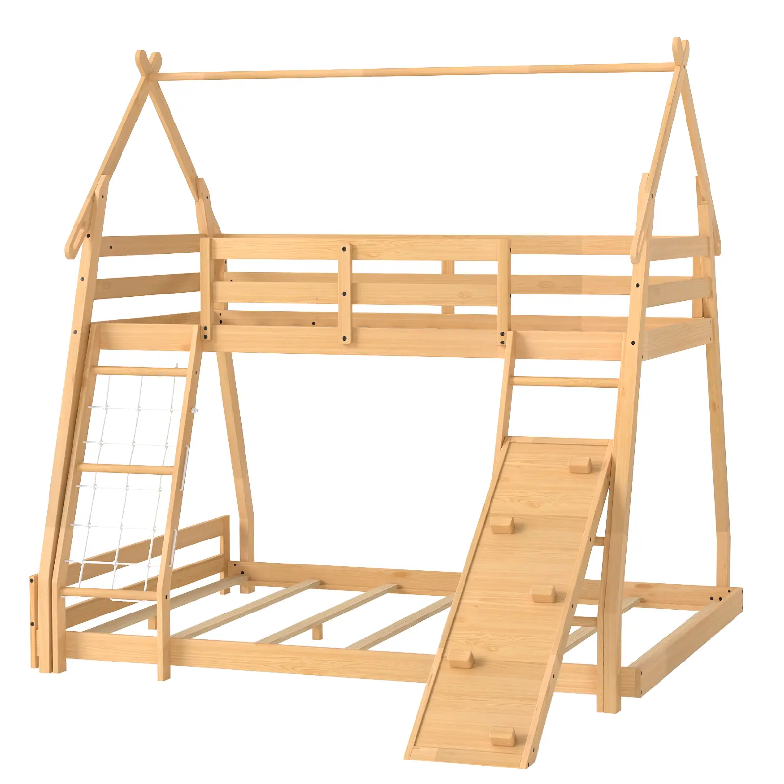 Sweetcrispy Solid Pine Twin/Full 2-in-1 Kids Bunk Bed - 82.6"l x 48.8"w x 67.2"h, Slide, Full-Length Guardrails, Built-in Ladder, Assembly Required, Space-Saving Sleep & Play Combo for 3-6 Year-Olds