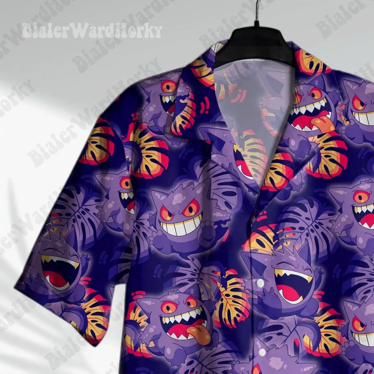 Gengar Hawaiian Shirt Spooky Ghost Purple Anime Summer Polyester Aloha Beach Shirt HG