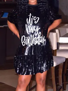 Plus Size Glitter Letter Pattern Ruffle Hem Butterfly Sleeve Sequins Dress, Plus Stylish Sparkly Short Sleeve Round Neck Short Casual Dress for Summer