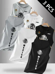 Men's Casual Sporty Vest Mexican Patriotic Tank Top 3 Pack, Drawstring Design, Soft Comfortable Daily Wear, Multifunctional Fashion Gym Essential, Fitness Workout Vest, Sport Vests