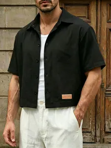 Men's casual shirt, Plain, loose-fitting and cropped style, simple yet sophisticated leather logo pattern, lightweight and comfortable fabric, perfect for those who love minimalist style, new summer 2026 collection