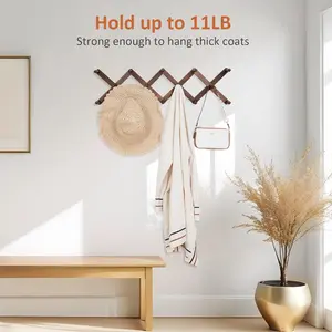 Accordion Wall Hanger, Hat Rack for Wall with 14 Coat Hooks, Expandable Hat Hangers Organizer, Vintage Decorative Coat Rack Wall Mount for Purse, Mug (Brown)