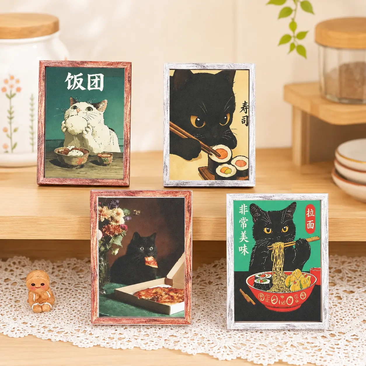 Japanese Ukiyo-e Black Cat Fridge Magnet, 3mm Wood Framed Refrigerator Magnet, Cute Ramen Sushi Cat Art Print, Aesthetic Kitchen Fridge Decor Gift