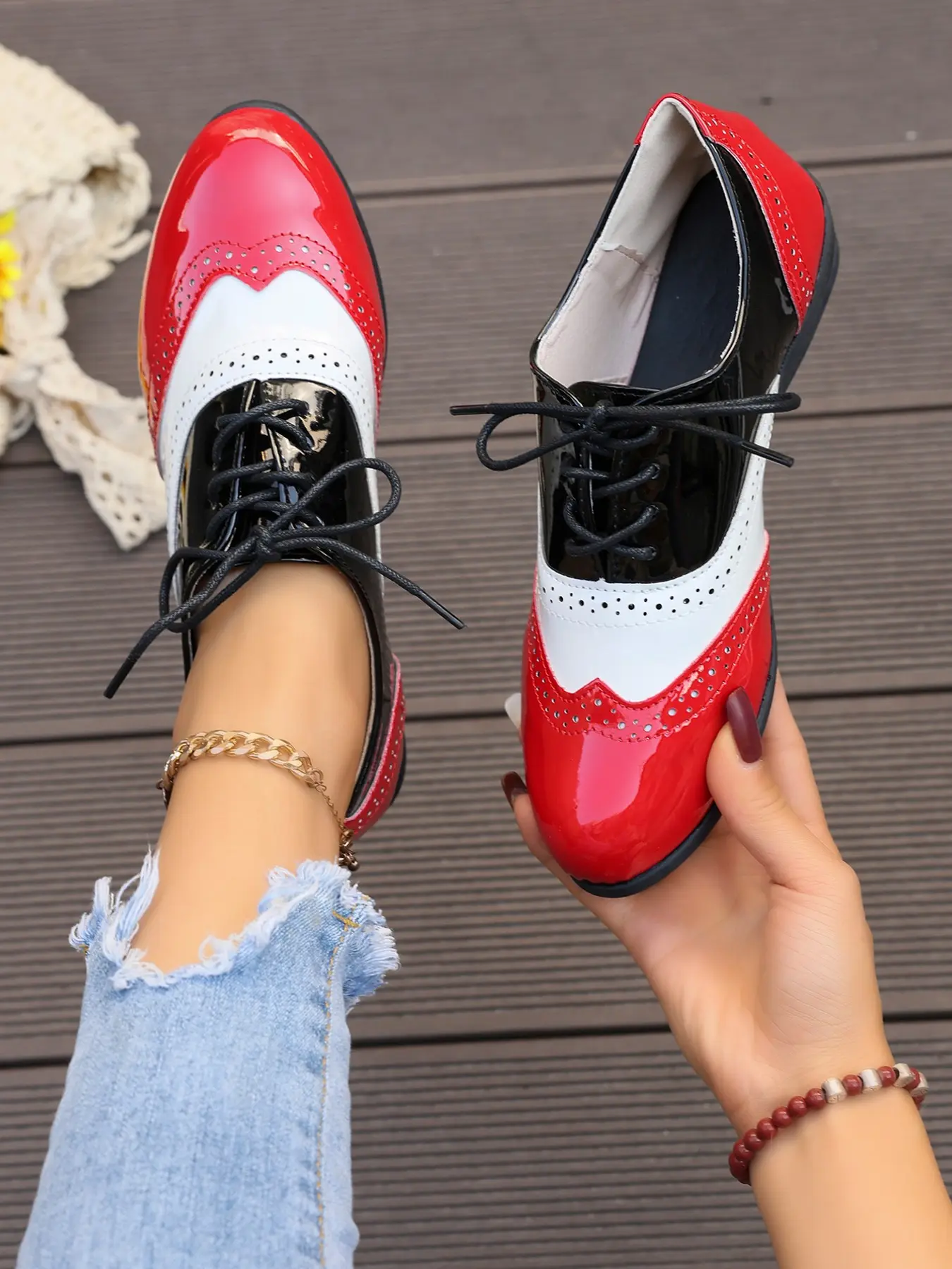 New Fashion Oxfords Casual Versatile Patchwork Glossy Embossed Lace-Up Shoes, Retro Vintage British Style All-Season Plain PU Leather Rubber Sole