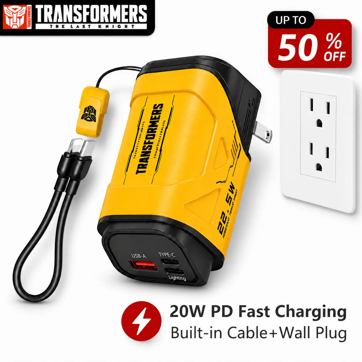 TRANSFORMERS Portable 10000mAh Power Bank Charger with Type-C to Lighting Cable, 20W PD Fast Charging Wall Plug Charger, Compact AC Plug Portable Battery Pack for iPhone, Samsung, USB-C Devices