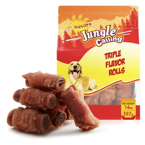 Jungle Calling Chicken, Duck & Beef Rawhide-Free Rolls Dog Treats, 14-oz bag