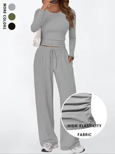 Women's Slim Fit Sportswear Two-Piece Set, Long Sleeve Short Top + High Waist Wide Leg Pants, Casual Daily Wear, Sweatsuit Sets, Sweatsuit Set Outfit