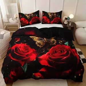 3pcs Rose Butterfly Floral Bedding Set (1 Fitted Sheet + 2 Pillowcases), High Definition Print, Home Dormitory Use, Universal Fit