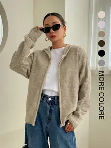 Women's Solid Zip-Up Hooded Sweater Cardigan, Casual Drop- Shoulder Long-Sleeve Cardigan, Women Knitwear for Fall & Winter Daily Wear