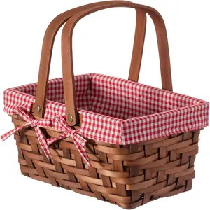 Small Rectangular Woodchip Picnic Baskets with Double Folding Handles, Natural Hand-Woven Basket with Red and White Gingham Lining, Ideal for Picnic Party, Wedding Decor, Gift Basket, Easter & Holiday Storage
