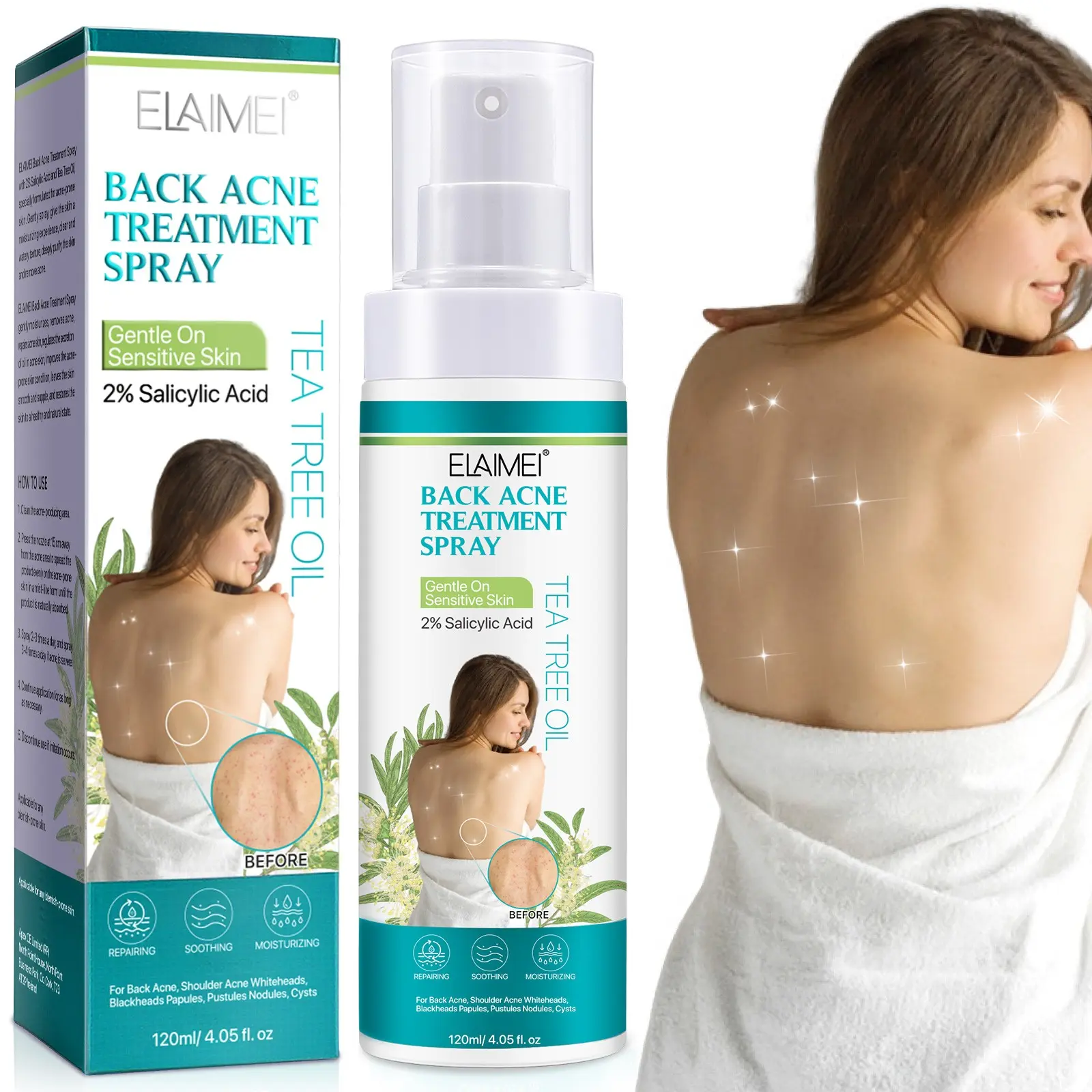 ELAIMEI Body Acne Spray (120ml), oil-control and skin-purifying formula that balances oil and moisture, reduces oil buildup, and prevents recurring breakouts; body acne spray, back acne spray