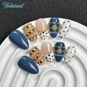 Navy Leopard Handmade Press‑On Nails | Short Almond Shape, 10pcs | Deep Blue & Nude‑White Base with Leopard Print, Polka Dots, Gold Chain & Pearl Rhinestone Decor, Luxury Retro Aesthetic, Ideal for Daily & Party Wear, Reusable False Nails