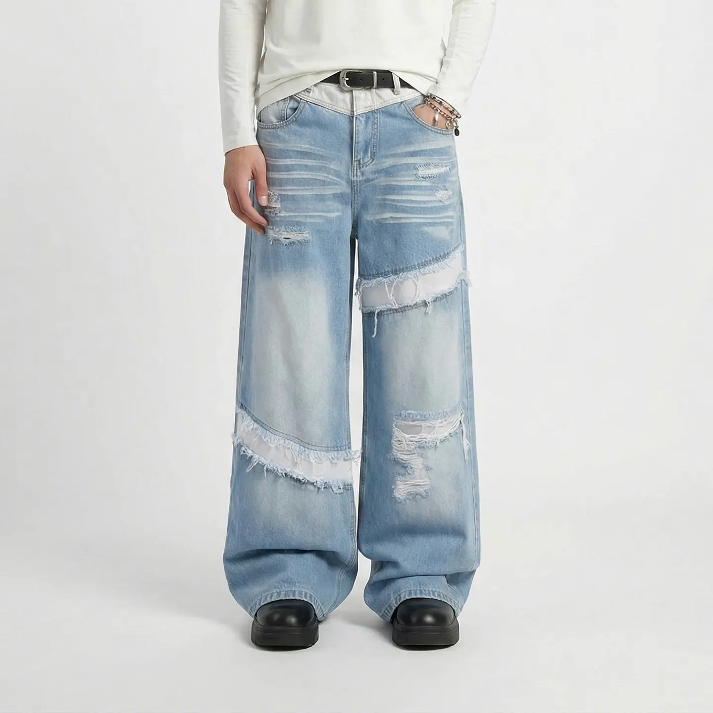 Inflation Decorated Embellished Loose-Fit Full-Length Denim Men's American High-Street Patchwork Faux Distressed Jeans - Casual Straight Pants, Versatile, Easy to Pair, All-Season Menswear, , Decorated Men's Jeans, Embellished Men's Jeans