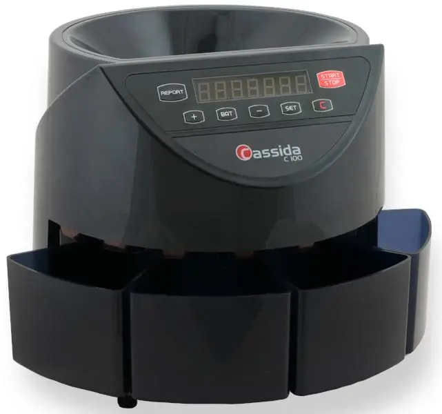 Cassida C-C100 Coin Sorter-Counter, 110 VAC, 13.6" x 12.1" x 10.2" Size, 1500 Coins Capacity, 7-Digit LED Display, Adding Function for Office Money Counting Equipment