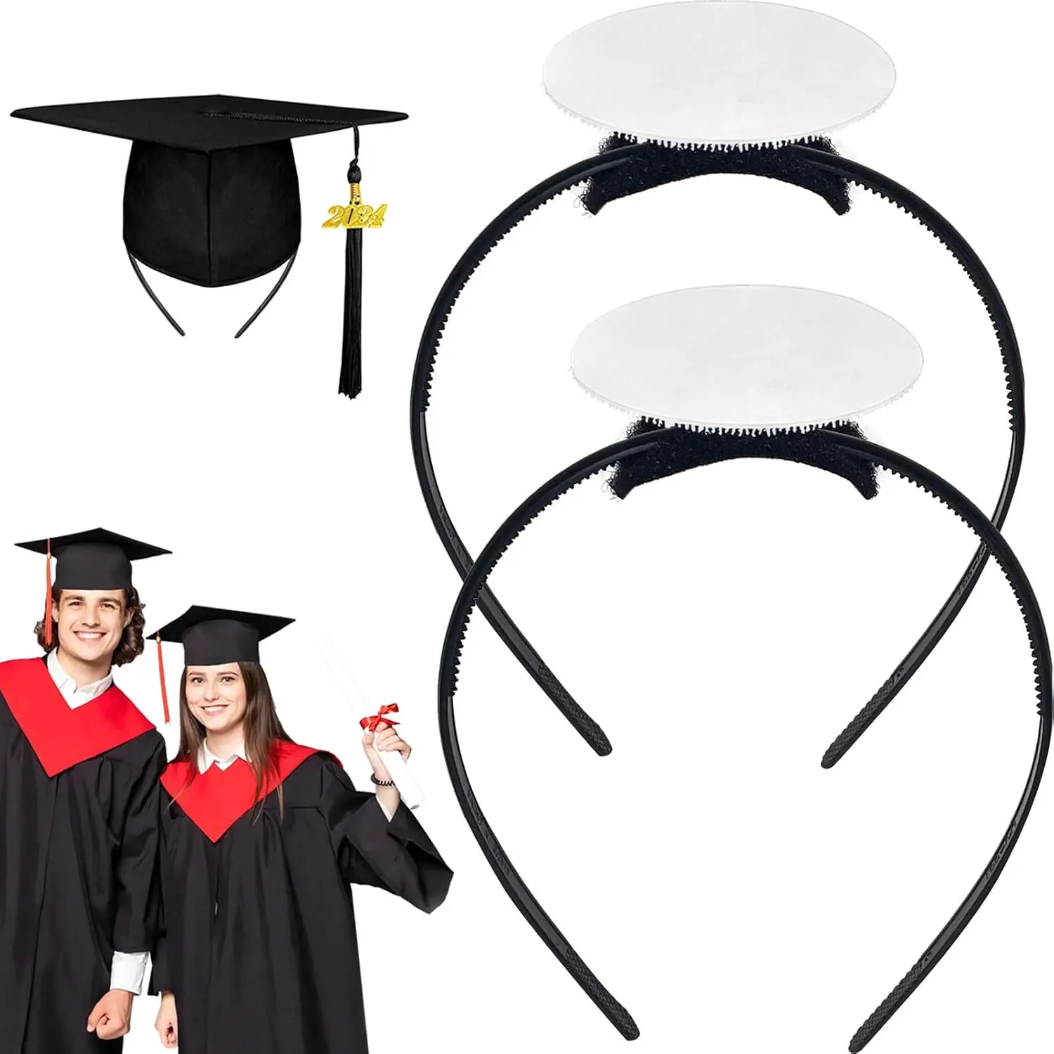 2 Pack Soft Graduation Cap Headband - Grad Cap Insert with Hook-and-Loop Sticker, Essential Hair Accessory for Securing Graduation Hats for Graduates, Soft Headband