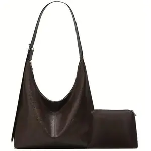 Women's Minimalist Plain Soft Foldable Vegan Leather Shoulder Bag - Casual Trendy Purse with Cosmetic Bag, Adjustable Multifunctional Slouchy Look Commuting Handbag for Daily Use