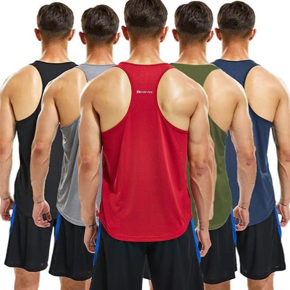 Men's Y-Back Stringer Muscle Tank Tops 3/5 Pack, Quick-Dry Polyester Activewear Fitness Vest, Breathable Workout Tops for Gym, Bodybuilding, Biking, Athletic & Fitness Clothes, Fitness Shirts