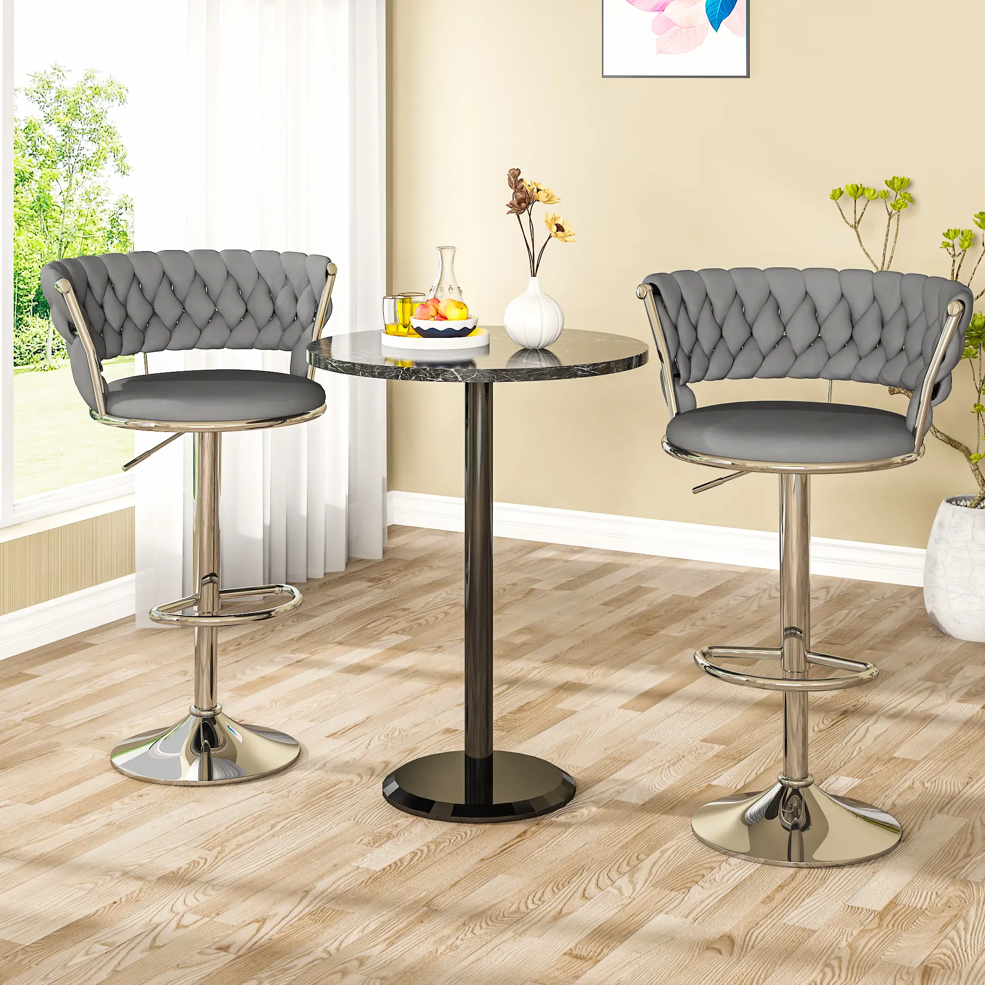 AWQM Velvet Barstool Set of 2, Minimalist Upholstered Counter Height Barstools, Adjustable Height Indoor Kitchen Island Gray Upholstered Chairs (Beige, Black Color Options) tiktokshopbacktoschool