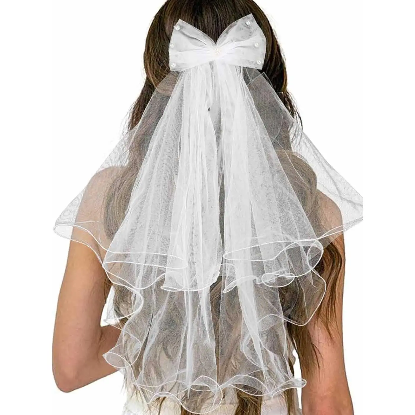 Bow Veil White Bridal Tulle Veil Ruffle Edge Wedding Short Veils Bachelorette Party Decorations for Women and Brides