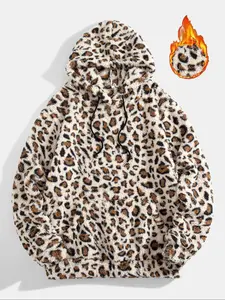 Men's Leopard Print Hoodie, Soft Plush Fabric, Warm & Comfortable Casual Sweatshirt, Fitted Design for Spring & Fall Seasons