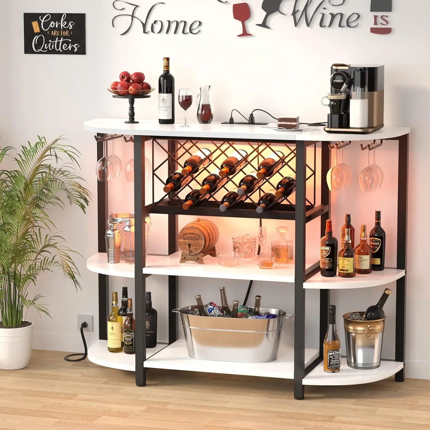 Wine Bar Cabinet with LED Light ＆ Power Outlets, Metal Frame Wood Wine Coffee Utensils Cabinet for kitchen,dorm essentials,home decor