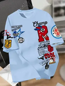 Men's Fashion Graphic Print T-Shirt with R Letter Design, Basketball Star Slogan, Casual Loose Round Neck Short Sleeve Summer Style, Streetwear, Menswear