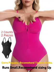 Women's Seamless Shapewear Bodysuit, Front Zipper Design, Tummy Control Thong Style, All Seasons Wearable, Comfortable Fit