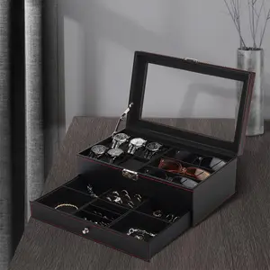 Watch Box Organizer for Men, 6-Slot Watch Case and Sunglasses Storage with Large Glass Lid, Men's Jewelry Box with Lock, 2-Layer Watch Holder Display Case, Gift for Men Women, Fashionable Watch Accessories