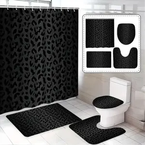 Elegant Geometric Print Shower Curtain Set, U-Type Bathroom Accessories, Includes Bath Mat & Toilet Cover, Perfect Gift for Friends and Family, Pad