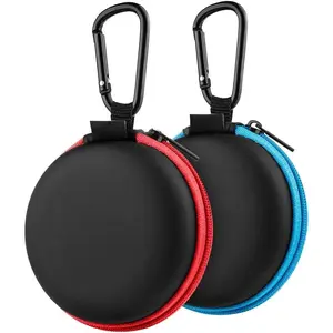 Z-PHP11  [2-Pack Earbuds Case, Small Round Pocket Earbud Travel Carrying Case Pouch with Carabiners for Earbuds, Headsets, in-Ear Headphones, Hearing Aids, USB Cable and More (Red + Blue)