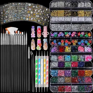 Indoor Recreation Nail Care Kit - 15 Black/Iridescent Smoothing Brushes, 5 Dotting Tools, 6 Boxes of Metallic/Geometric Charms & Gems, 10 Translucent Floral Flower Sheet Stickers for Leisure Manicure, Father's Day Gift Ideas