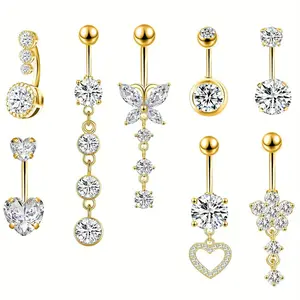 8Pcs unique Stainless Steel 14G Sparkling Belly Button Ring, Spring-Summer Trendy Dangle Stainless Steel Navel Rings, Cute Piercing Jewelry Accessories, Suitable for Vacation & Festival Celebrations