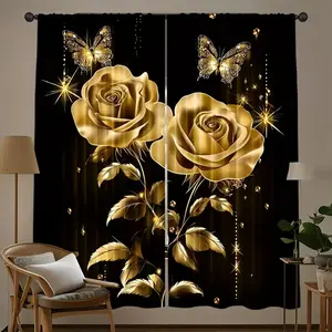 Gold Rose Pattern Curtain Set, Valentine's Day Digital Print Drapes, Easy Hanging Rod Design, Privacy Protection, Bedroom Living Room Dining