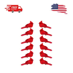12 Pcs Cardinal Birds for Crafts Red Velvet & Feathers