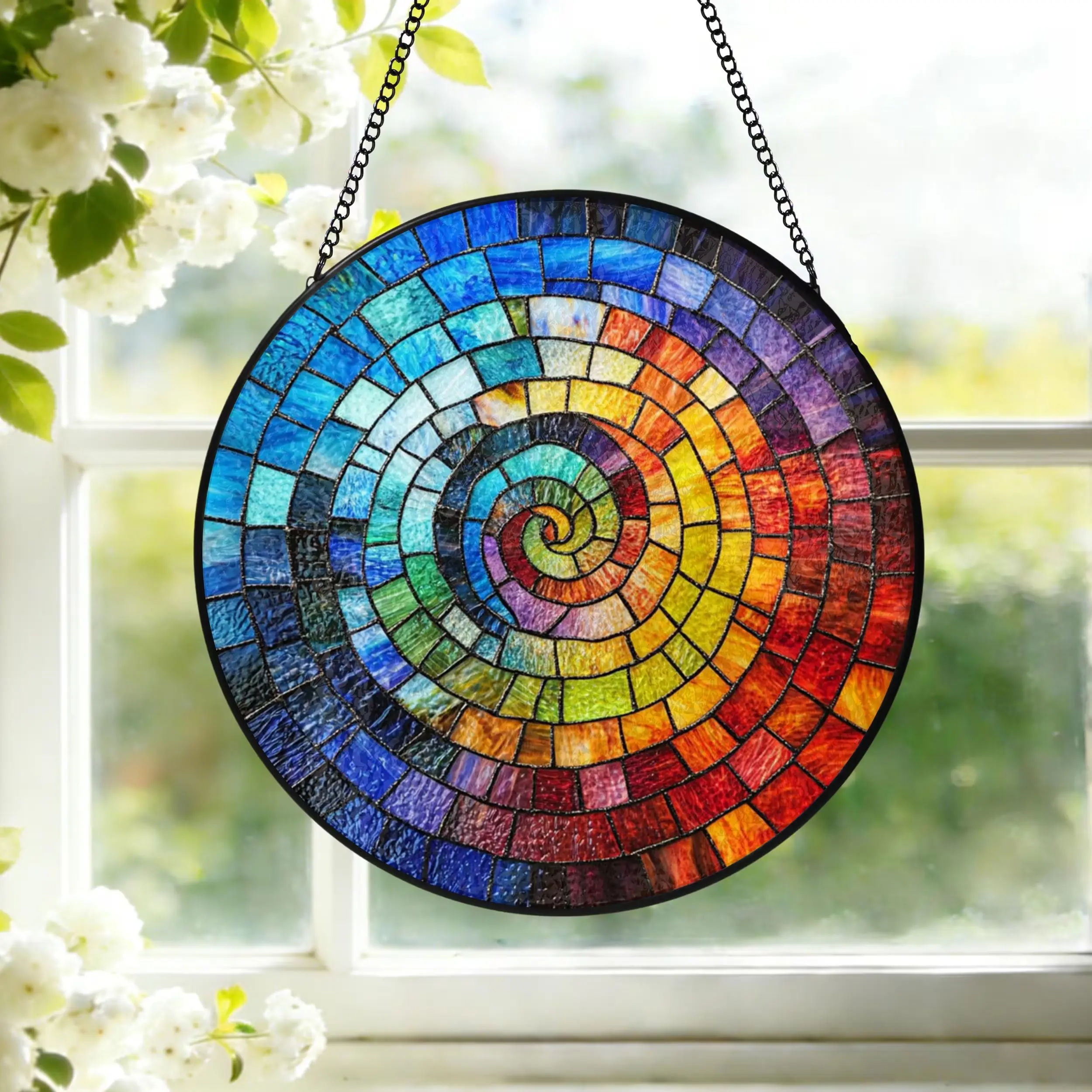 Rainbow Spiral Stained Glass Suncatcher, Window Hanging Art Birthday Gift for Mom