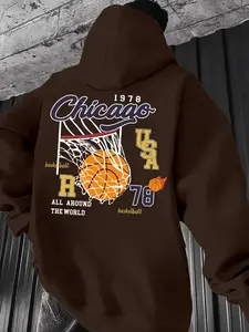 Men's Chicago 1978 Basketball Print Hoodie, Casual Regular Fit Letter Graphic Hooded Sweatshirt for Fall & Winter, Men's Top for Daily Wear, Graphic Team Hoodie, Casual Sweatshirts