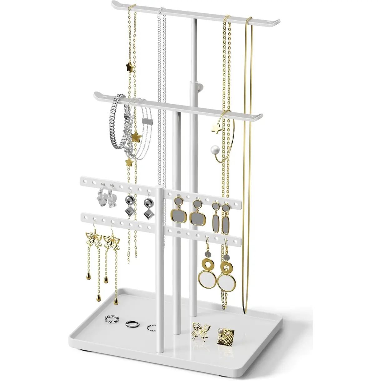 Jewelry Holder Organizer Stand - Adjustable Jewelry Tree 17.5" Height (Max), Jewlery Hanger for Necklaces, Bracelets, Earrings, Stainless, White Accessory Holder